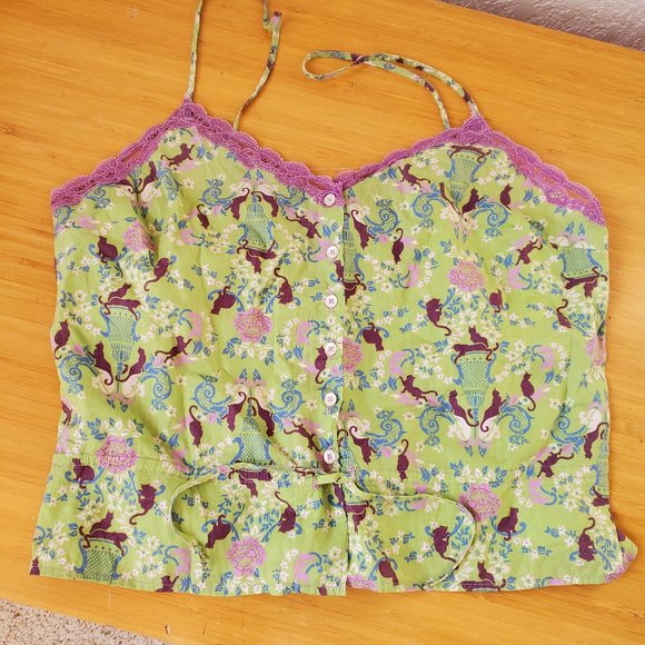 Princess Tam Tam Green Cats Lace Cotton Camisole XS/SMALL France - Picture 1 of 3